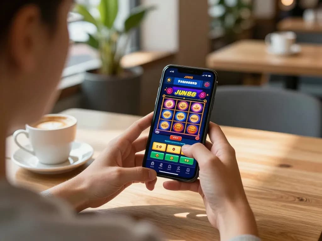 Engaging gameplay on the JUN88 app showcasing vibrant slots at a café table