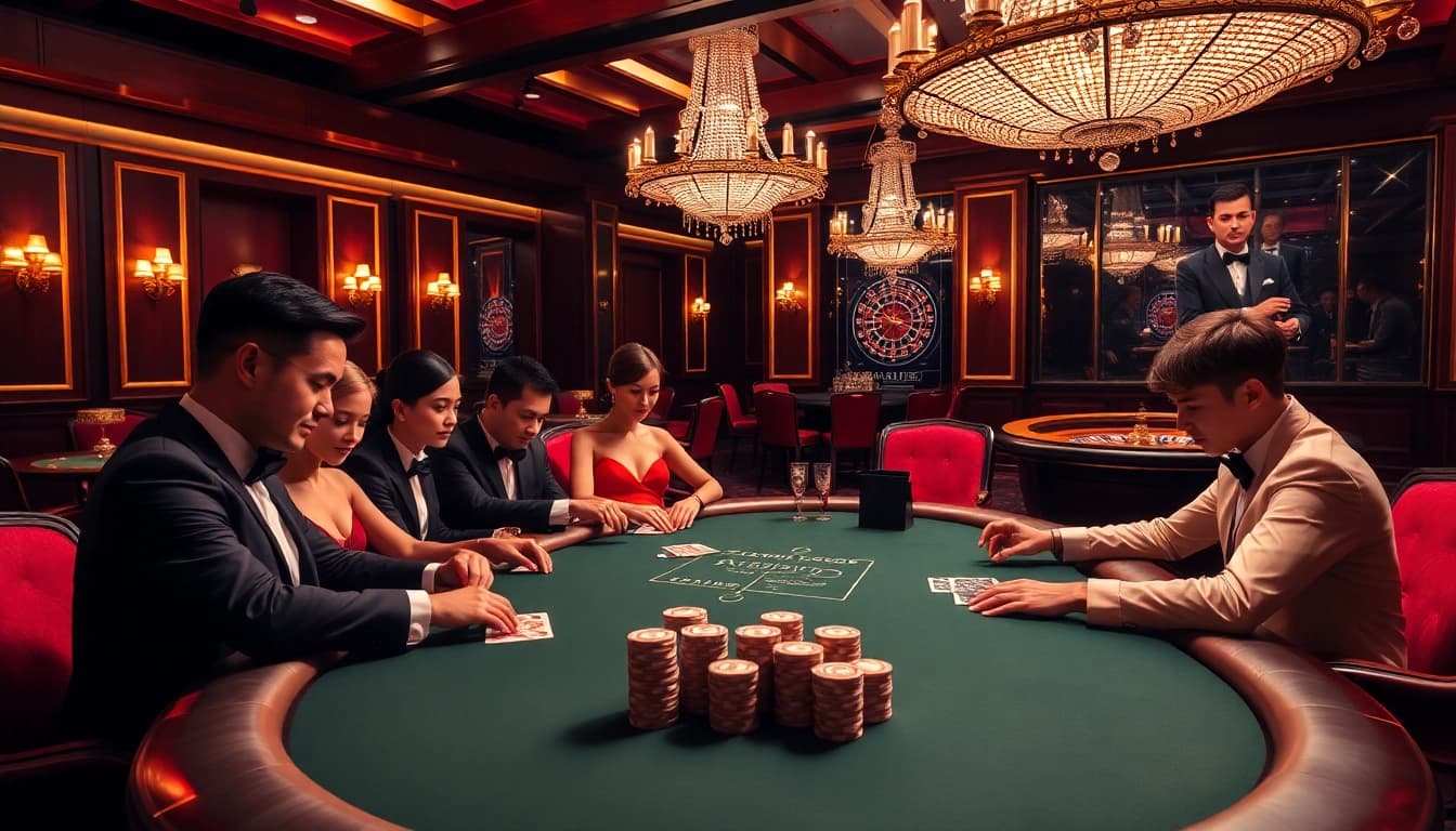 Intense poker play at 98Win, showcasing high-stakes action and vibrant casino ambiance.