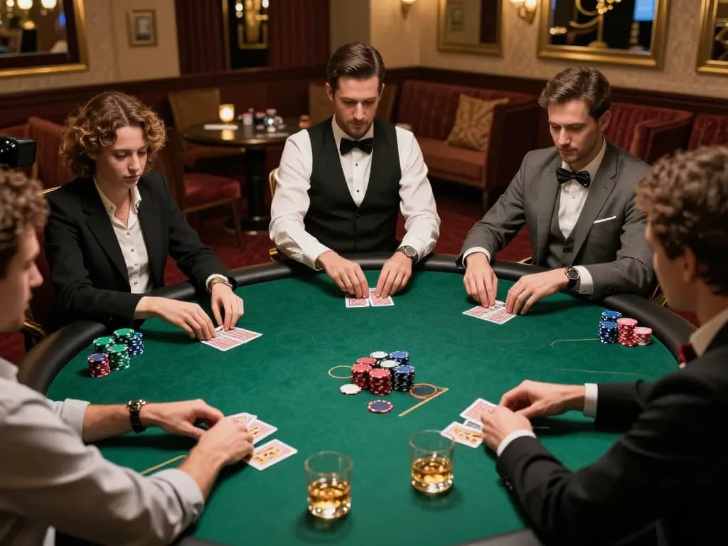 Players engaging in strategic betting at VK88 poker table in luxurious casino environment.