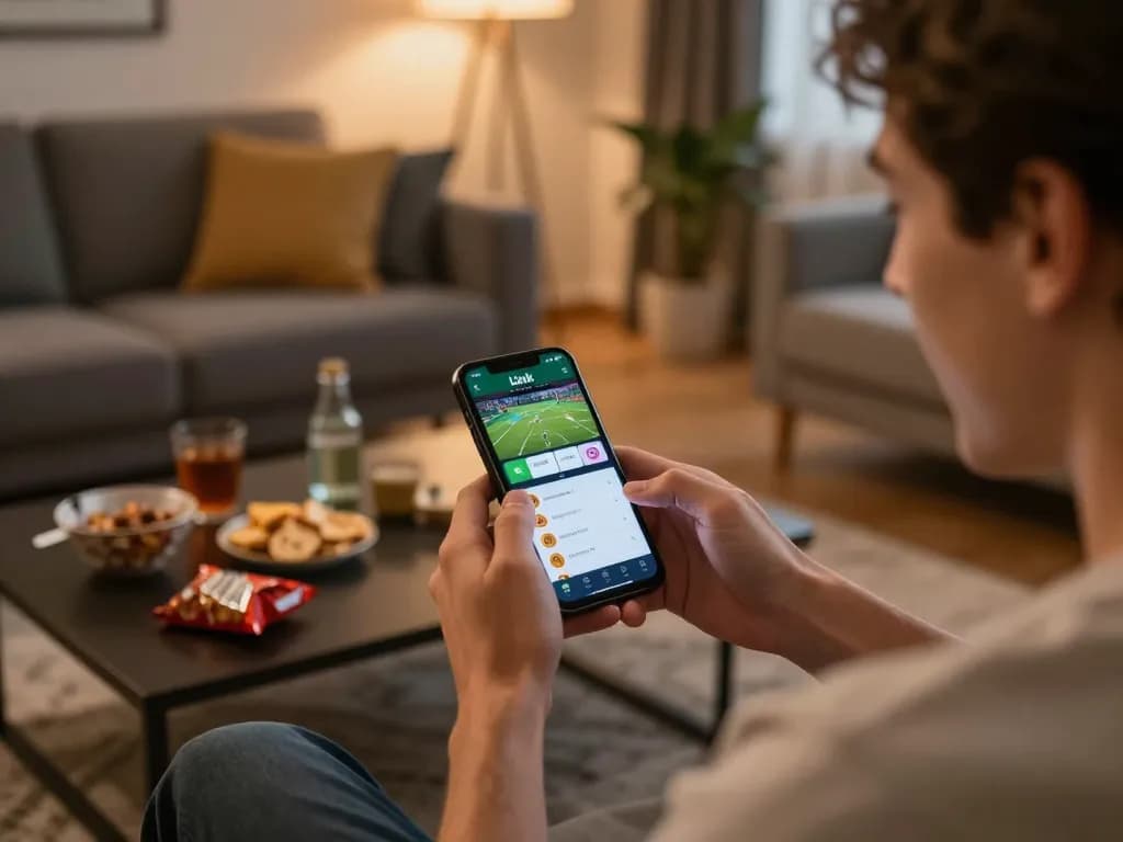 Người dùng tương tác với ứng dụng Link 12bet trên điện thoại thông minh trong một phòng khách ấm cúng.