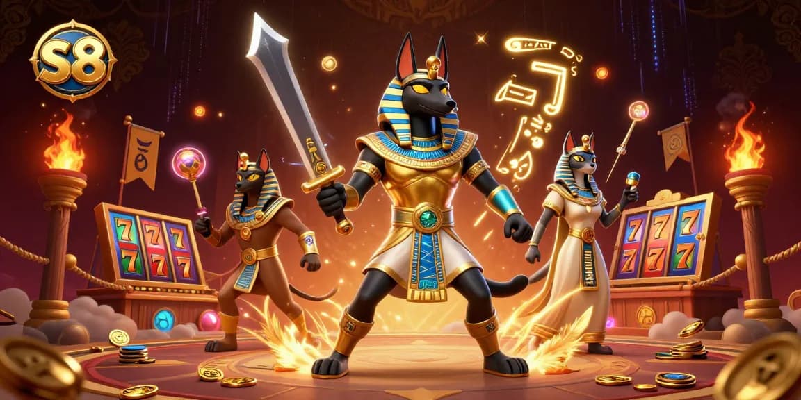 Experience action as s8 reveals a gaming scene with ancient Egyptian characters amidst vibrant casino elements.