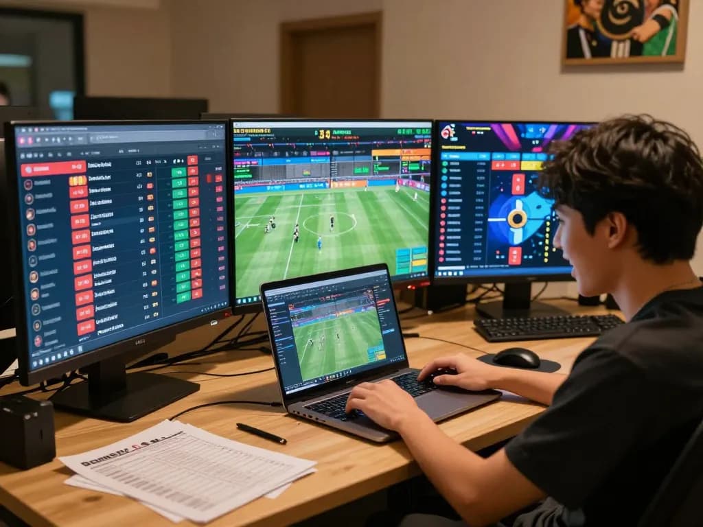 Placing bets with kèo nhà cái trực tiếp displayed on multiple screens, showcasing an engaged online sports betting experience