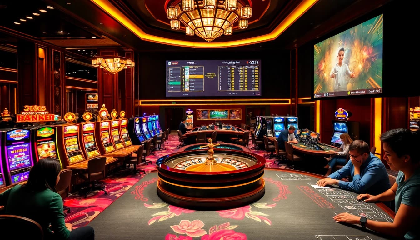 Experience the excitement of gambling at https://qq88pro.vip/ with a vibrant casino scene featuring roulette and slot machines.