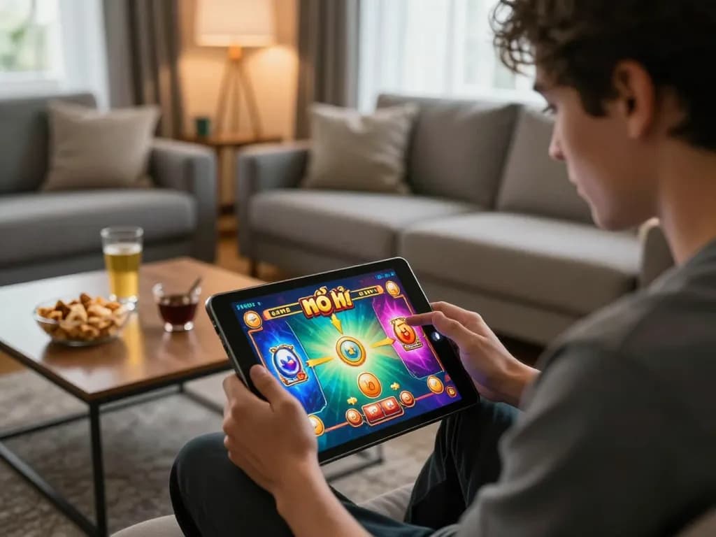 Player enjoying game nổ hũ on a tablet in a cozy living room, reflecting a fun gaming experience.