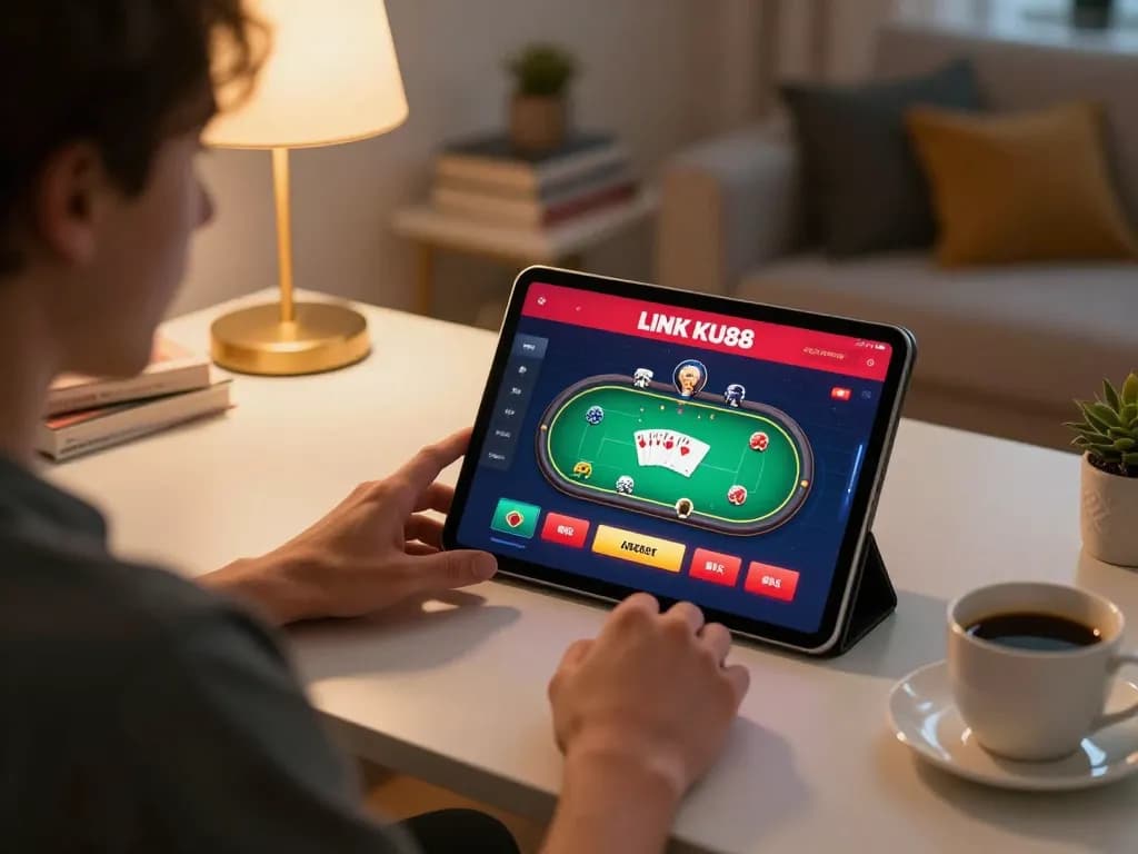 Player engaging with LINK KU88 poker game interface on tablet in a cozy home overlooking coffee setup