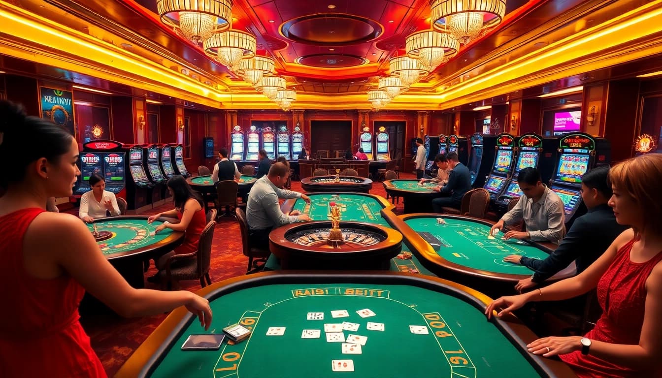 Engage with the thrilling atmosphere at https://red88.codes/ featuring vibrant casino tables and players enjoying diverse games.