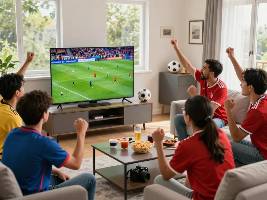 Các cổ động viên phấn khích xem trực tiếp bóng đá HD tại nhà, cùng nhau thưởng thức trận đấu trực tiếp với đồ ăn vặt.