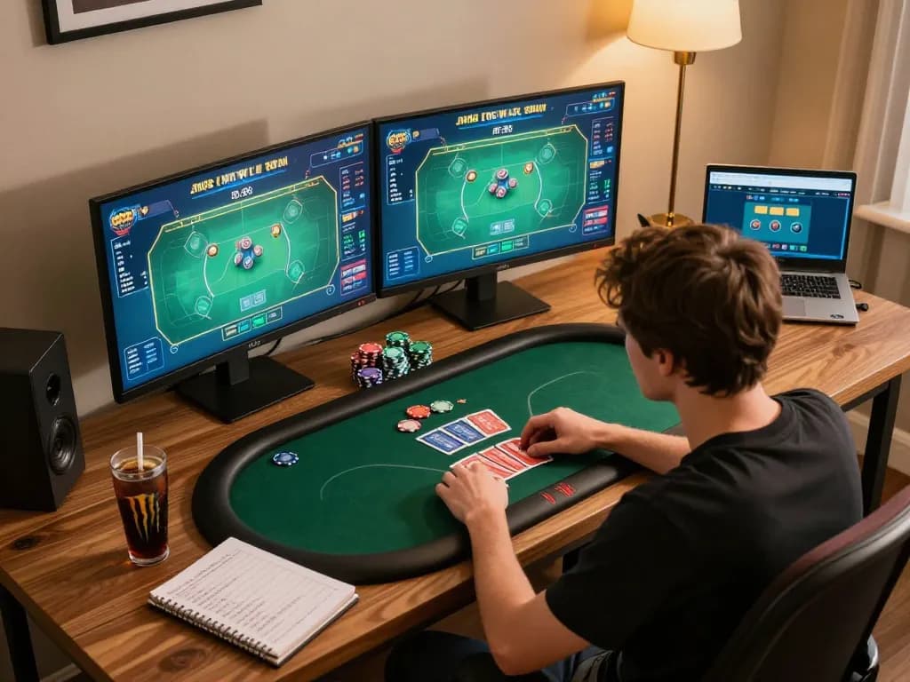 Nohu90 user engaging with poker gameplay on dual monitors in a stylish setup.