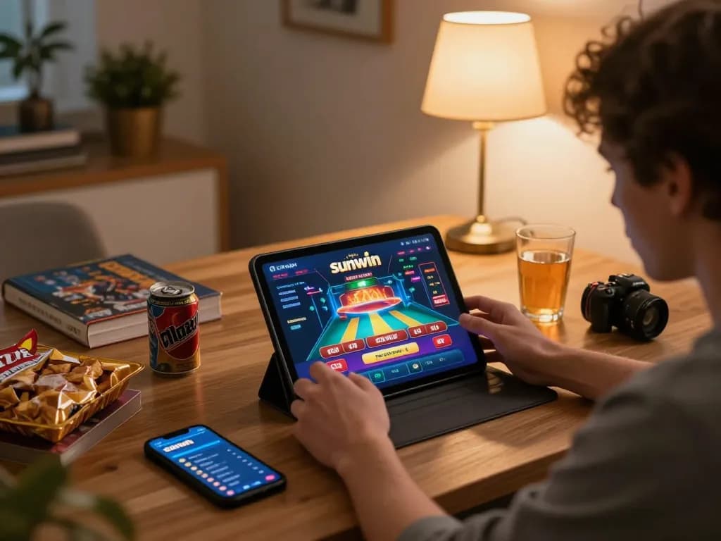 Player enjoying sunwin online games on tablet, surrounded by snacks, in cozy home setting