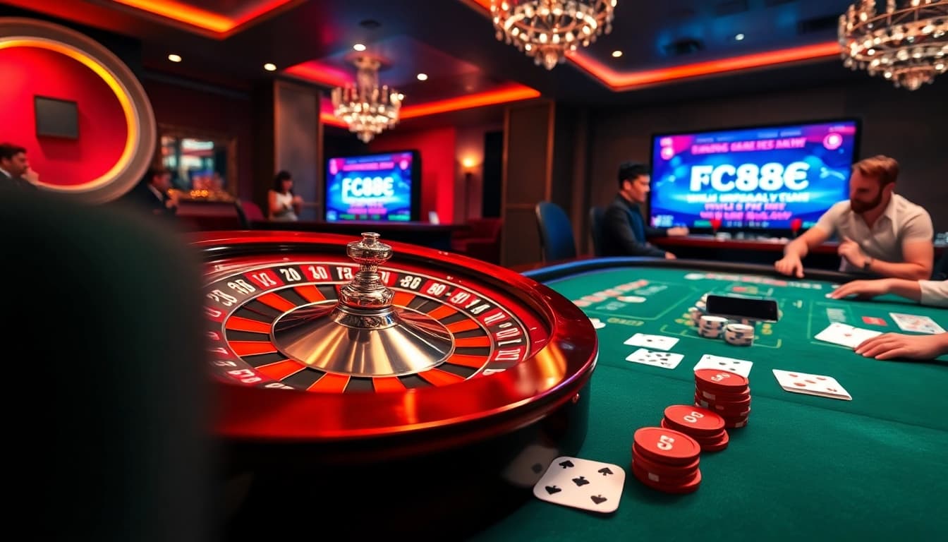 Experience thrilling gameplay at https://fc88e.com/ with vibrant casino elements like roulette wheels and colorful chips.