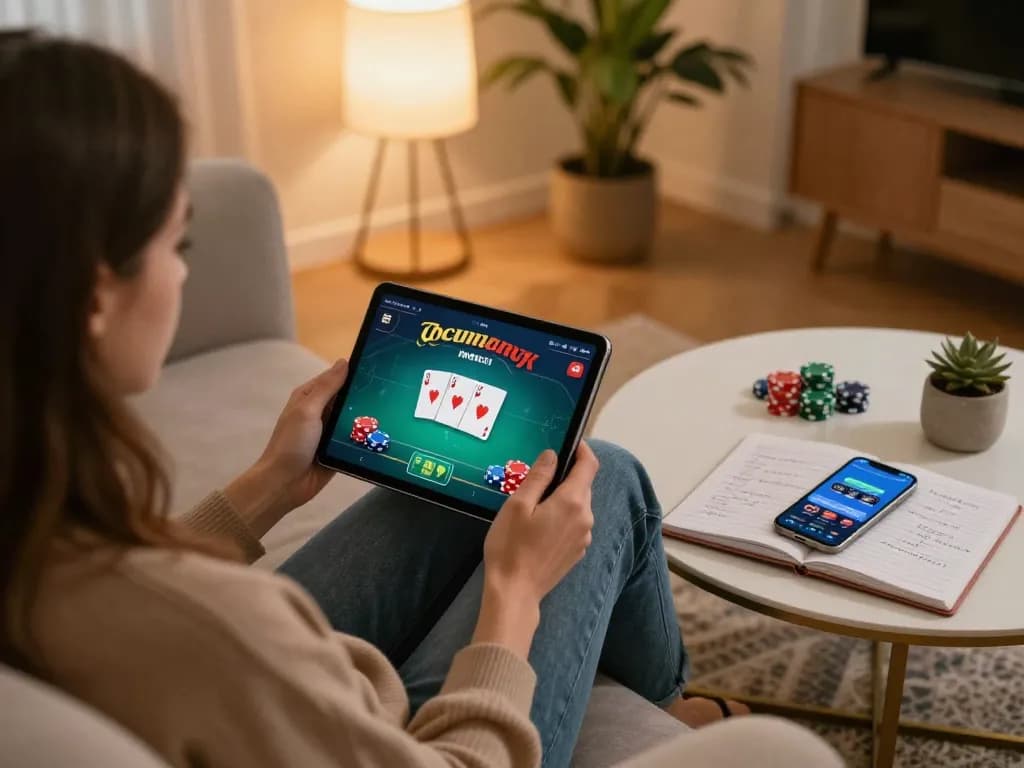 HD88 player strategizing poker moves with tablet, showcasing an engaging online gaming atmosphere.