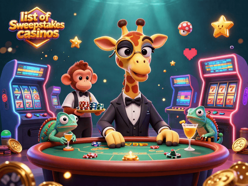 Engaging scene showcasing high-roller giraffe at a poker table in a list of sweepstakes casinos setting.