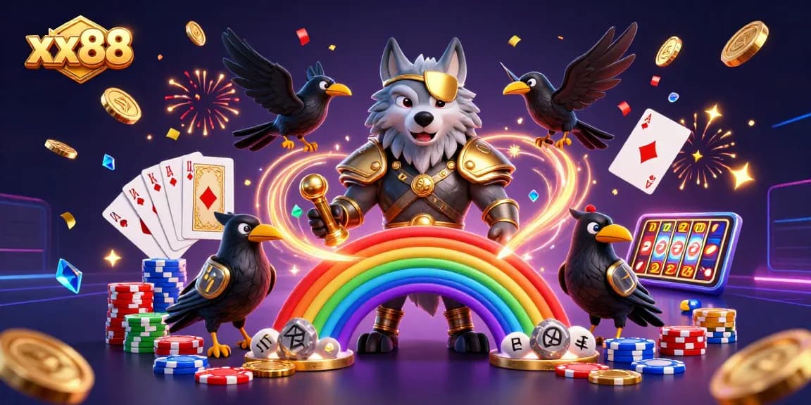 Experience xx88 with an enchanting scene of a Norse-themed casino world featuring Odin, ravens, and engaging game elements.