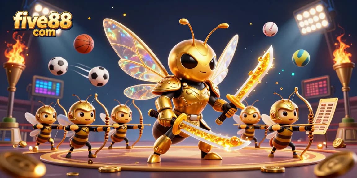 Bet on exhilarating sports with five88 com's dynamic betting scene featuring golden hornet samurai and sports balls.