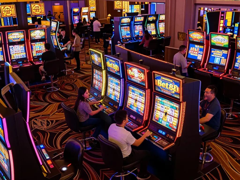 Players enjoying thrilling slot machines at Bet88's casino, capturing the lively atmosphere of gaming excitement.