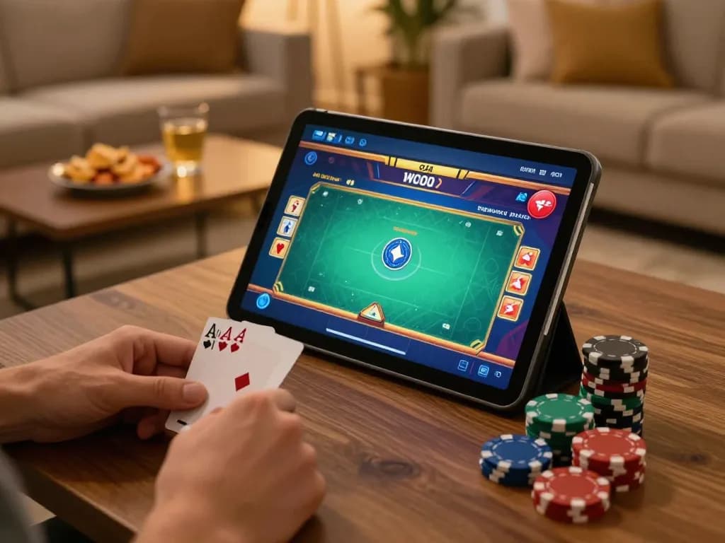 Engage in strategic online poker gameplay at iwin club on a cozy home setup.