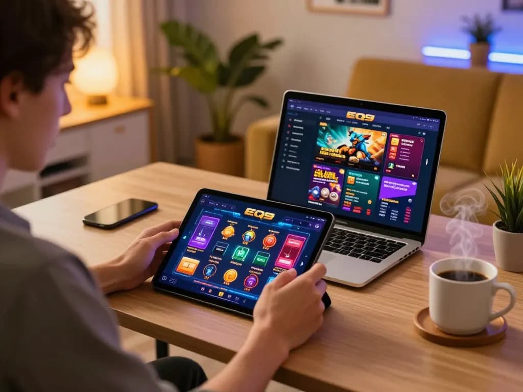 Engaging with the EQ9 app for online gaming, showcasing mobile gambling experience at home