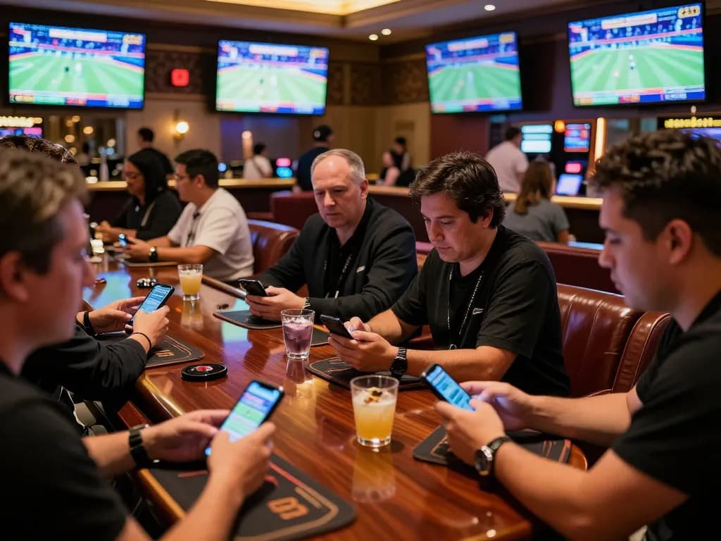 Patrons strategizing sports bets in a luxurious Vegas casino betting lounge featuring sunwin excitement.