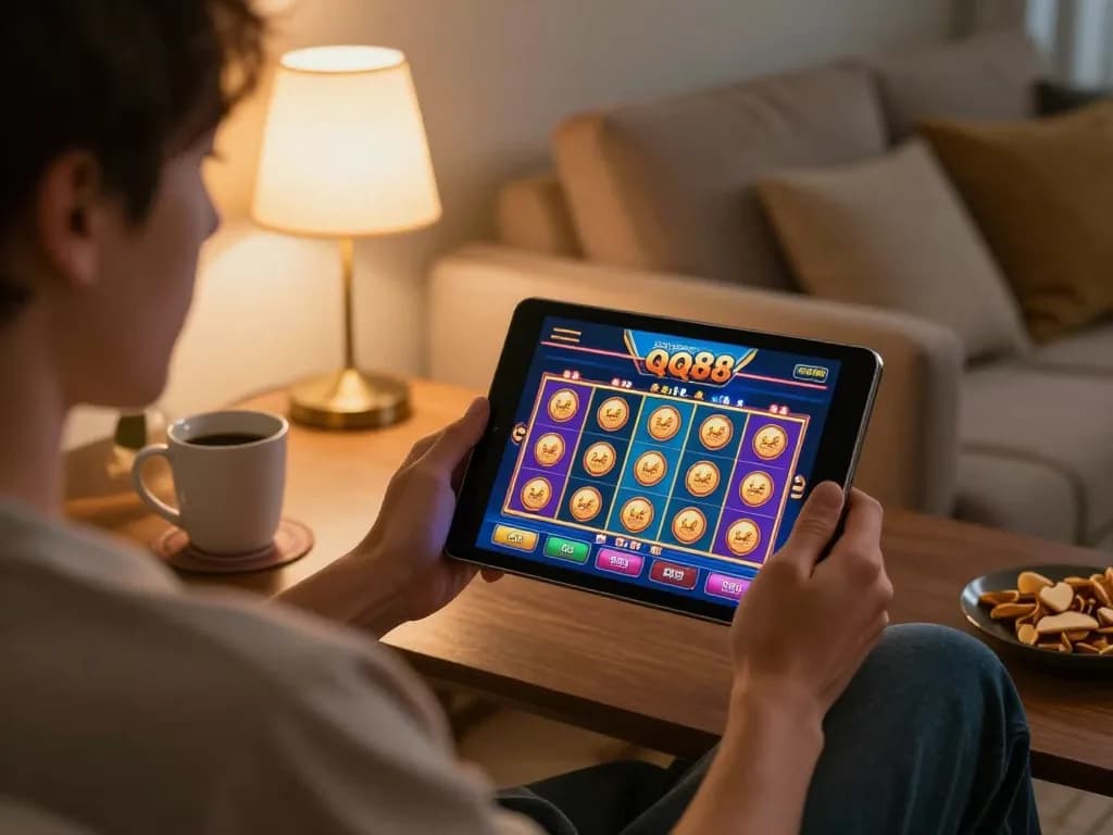 Player enjoying qq88 casino slots on a tablet at home, emphasizing relaxed gaming atmosphere.