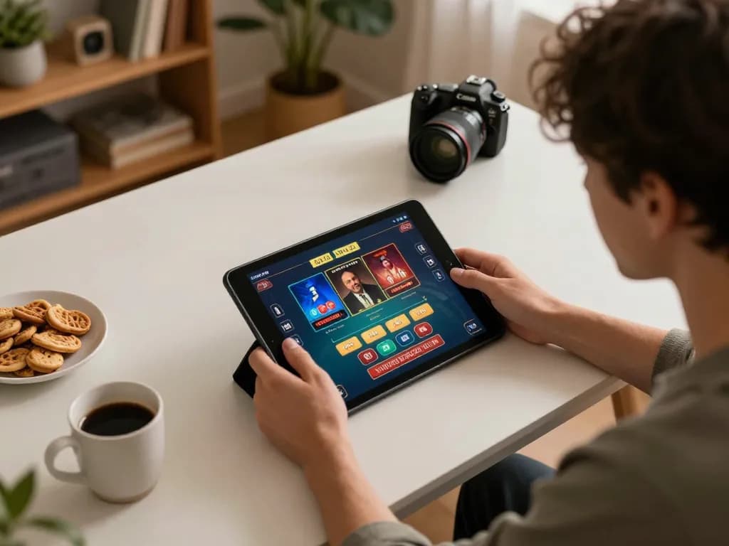 Engaging online gaming session at home using F168 for interactive casino gameplay, showcasing live dealer action.