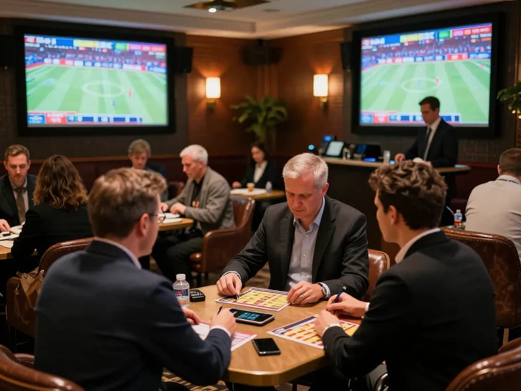 TA88 bettors analyzing odds and placing wagers in a luxurious sports betting venue