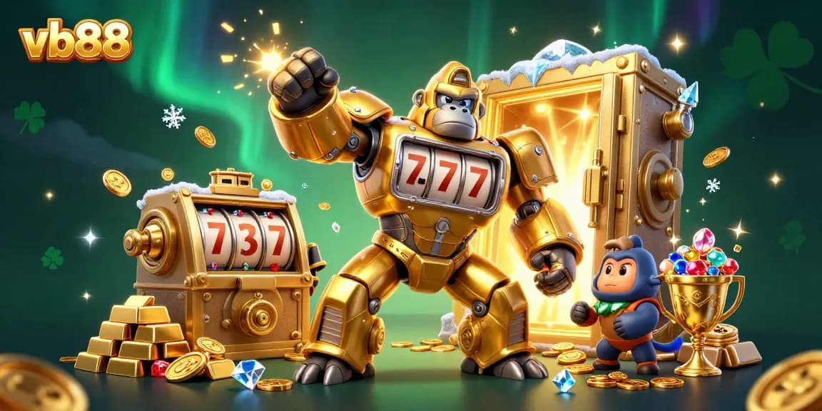 Win big with vb88 featuring a golden gorilla mech amidst a treasure trove of gold and gems.