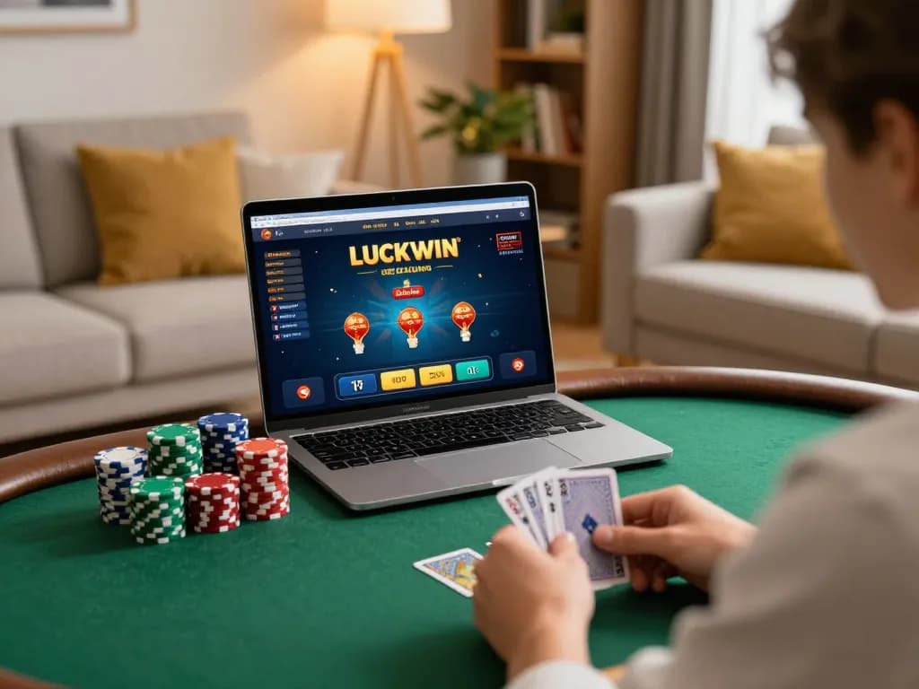 Person strategizing at Luckywin casino poker game on laptop in a cozy home setting