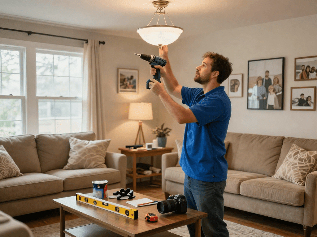 Home repair services Des Moines Iowa - professional handyman installing a light fixture in a cozy living room, showcasing home renovations.