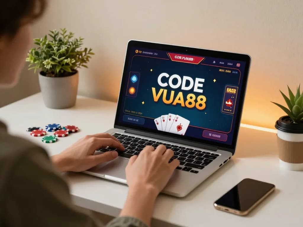 Engaging in online gaming with CODE VUA88 on laptop at a cozy workspace.