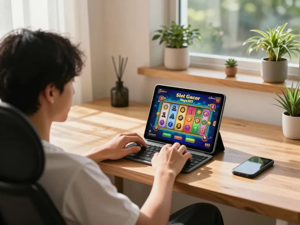 Engaged player focusing on Slot Gacor Naga303 in a relaxing home office.