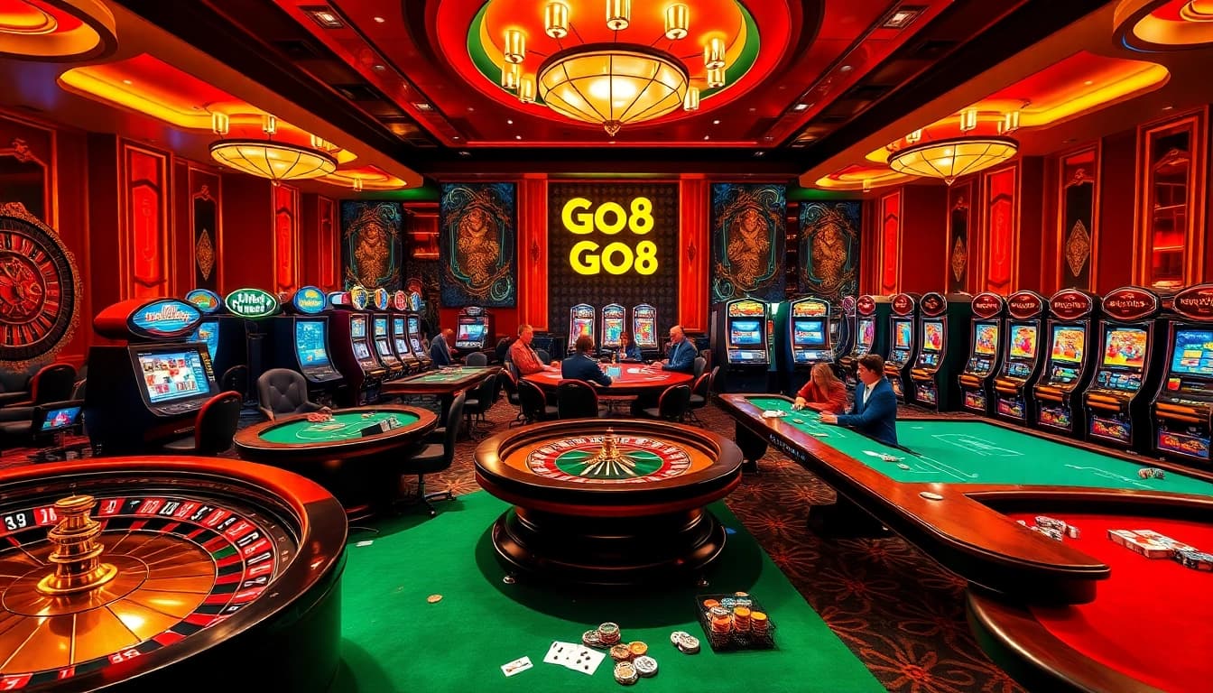 Go8 players enjoying table games with excitement and high stakes in a luxurious casino.
