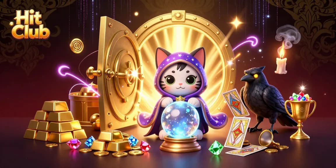 Hit Club's thrilling gaming experience, showcasing vibrant characters, treasures, and casino elements.