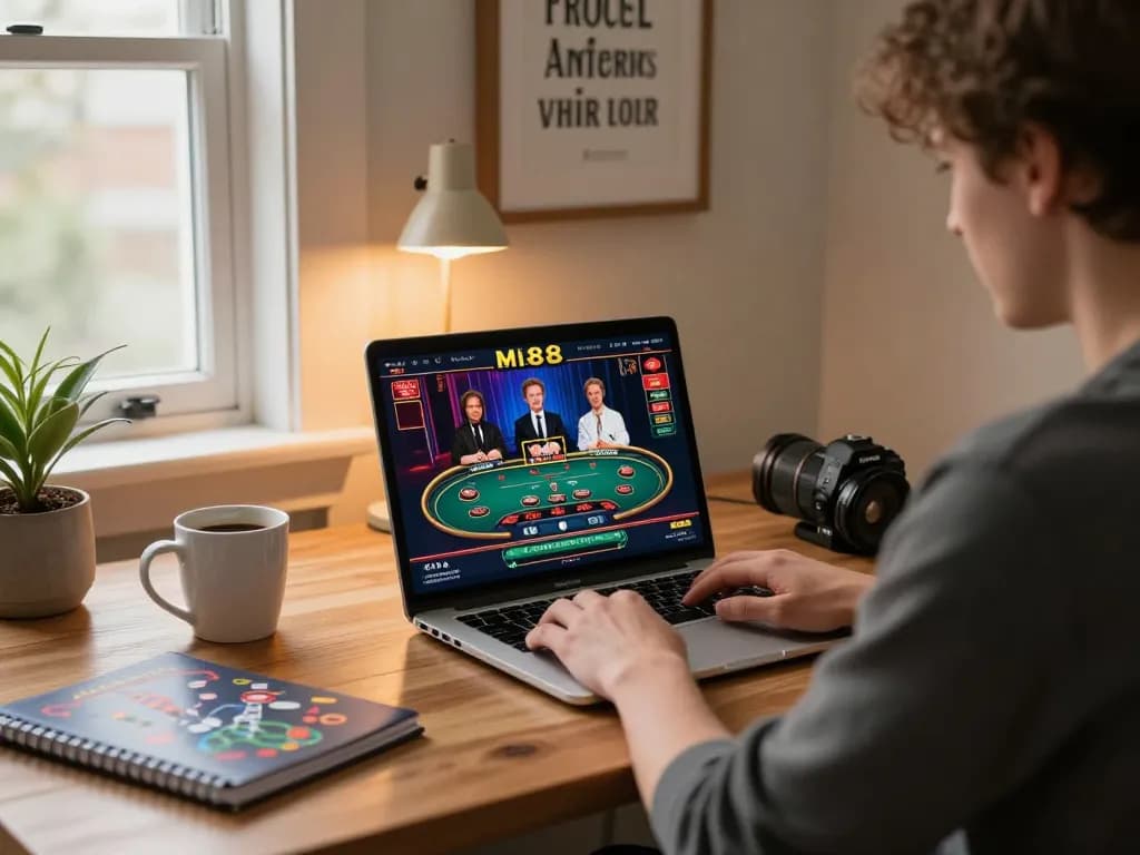 Engaging with LINK MI88 for online gaming strategies in a cozy home office setting.