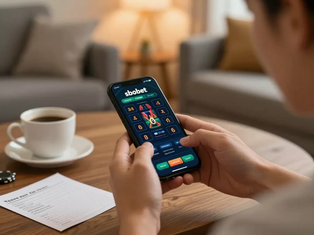 Sbobet mobile app experience with user engaged in strategic betting at home.