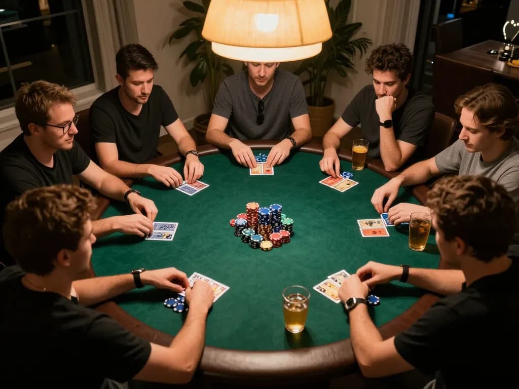 f168 players strategizing at home poker night with chips and cards on the table