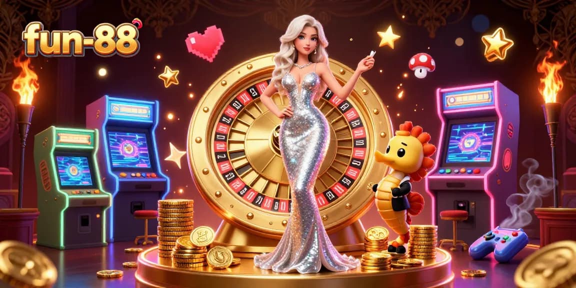 Experience fun-88 with vibrant casino elements, roulette, seahorse, and game excitement.
