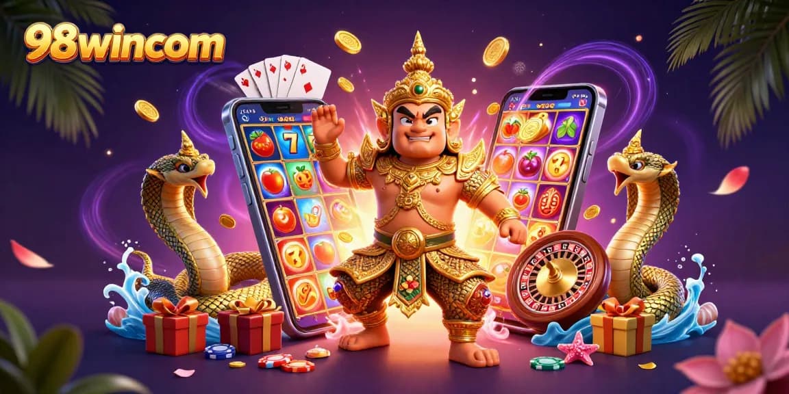 Engage with 98wincom's vibrant casino scene featuring a colorful slot game, vibrant characters, and rich decor.