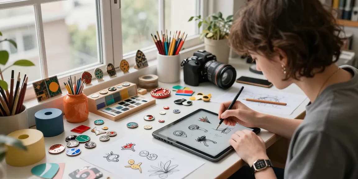 Creative designer sketching custom pins in a vibrant studio setting with colorful materials.