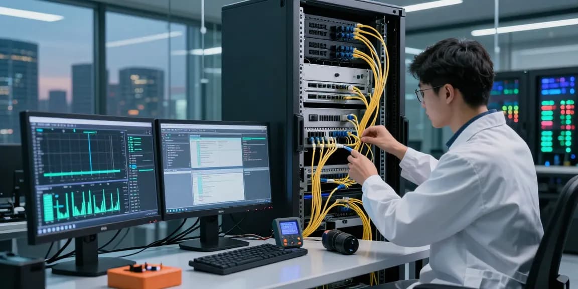 Technician managing optical fiber in networking setup within a high-tech data center.
