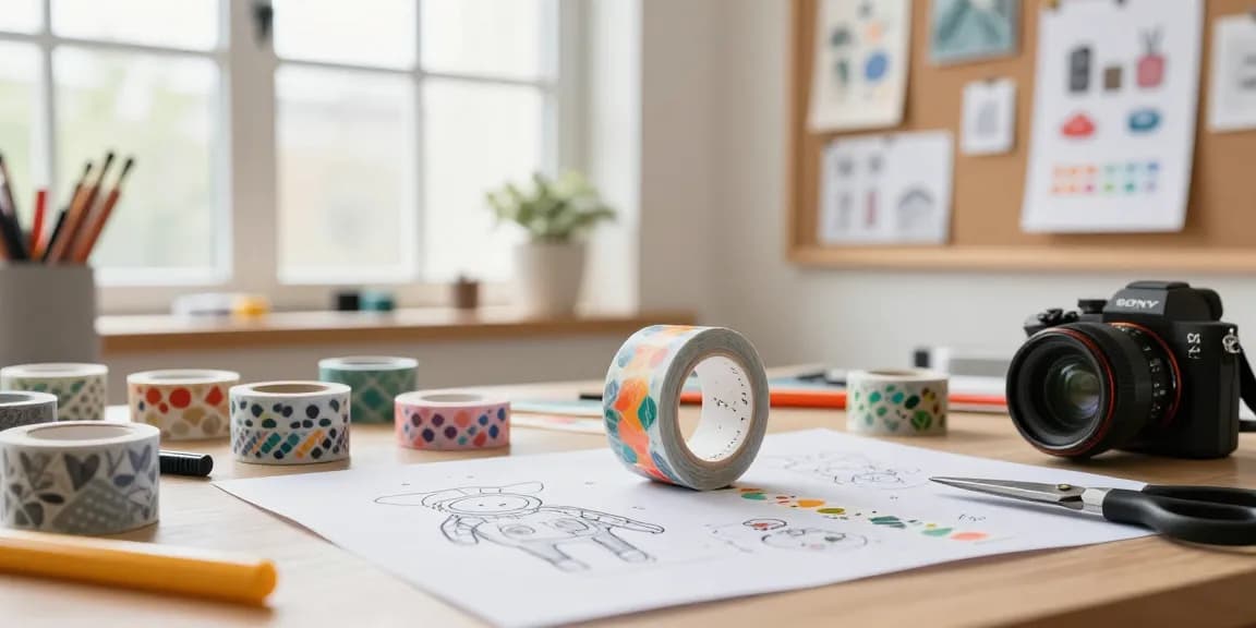Vibrant custom washi tape rolls in a designer's workspace, highlighting creativity and crafting.