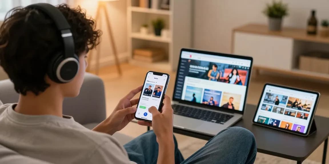 Downloading videos using the Vidmate APK in a cozy modern living room.