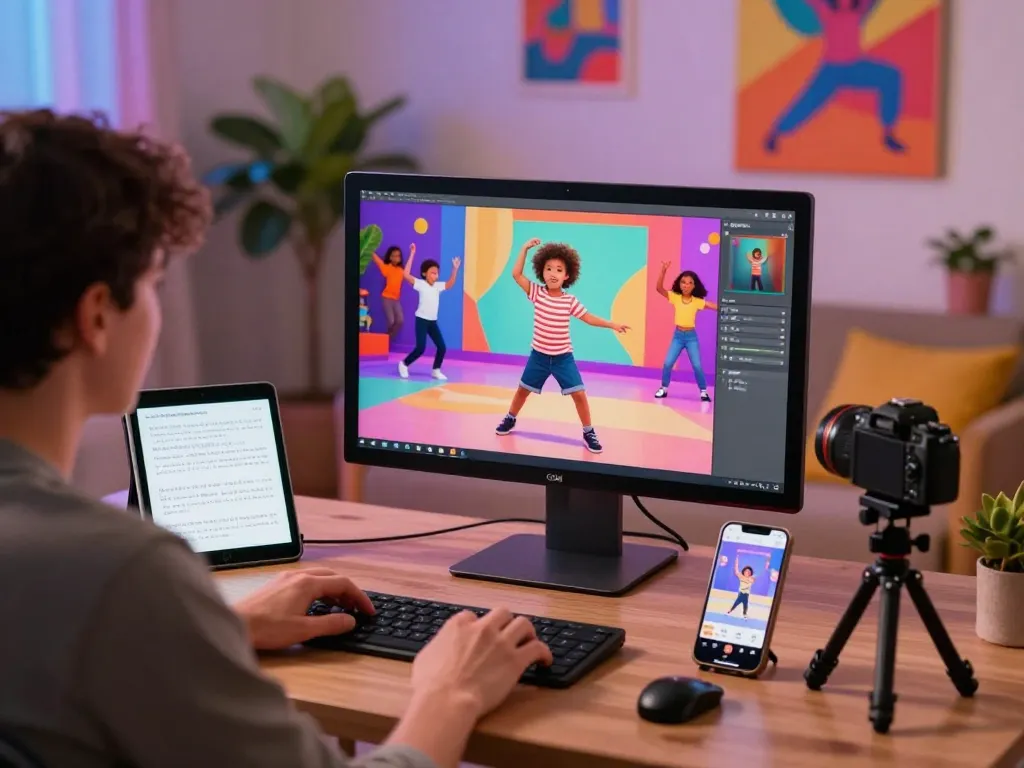 Dynamic dance animation generation using kling ai dance technology in a vibrant studio.