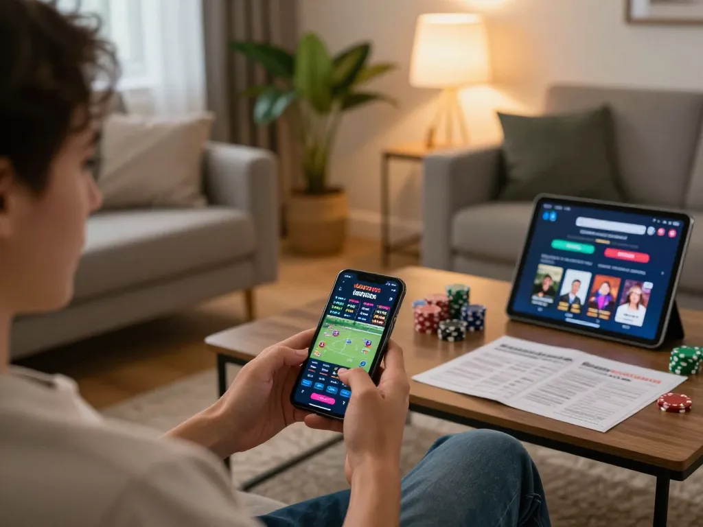 Engaging in mobile sports betting with fabet on a smartphone, showcasing a cozy home gaming atmosphere.