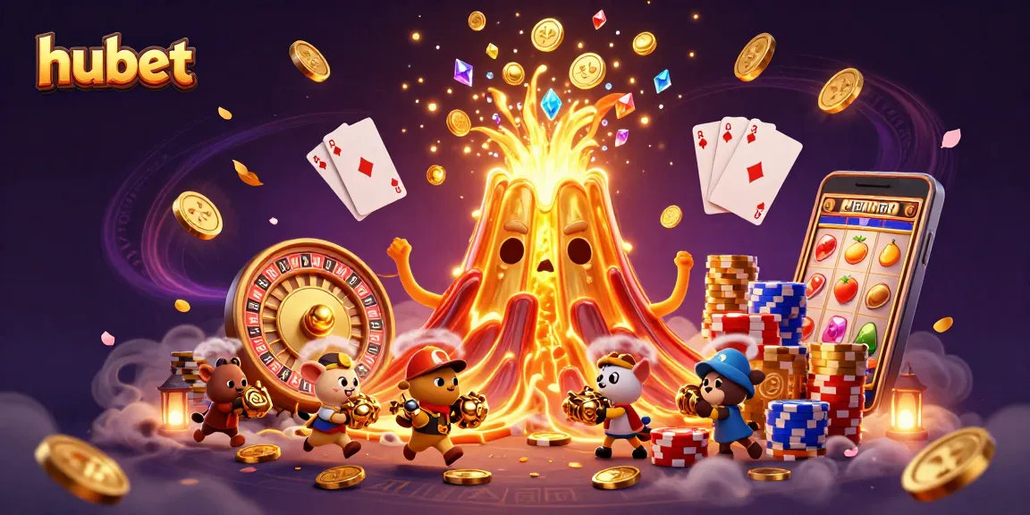 Engage in thrilling slots gameplay at hubet, with a golden volcano erupting treasures and excitement.