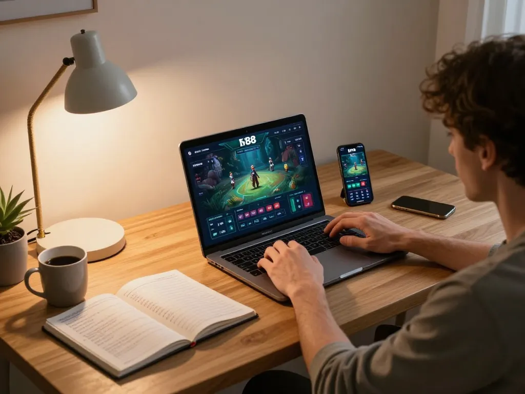 Engaging in online betting on sky88 with a laptop and smartphone in a cozy home setup