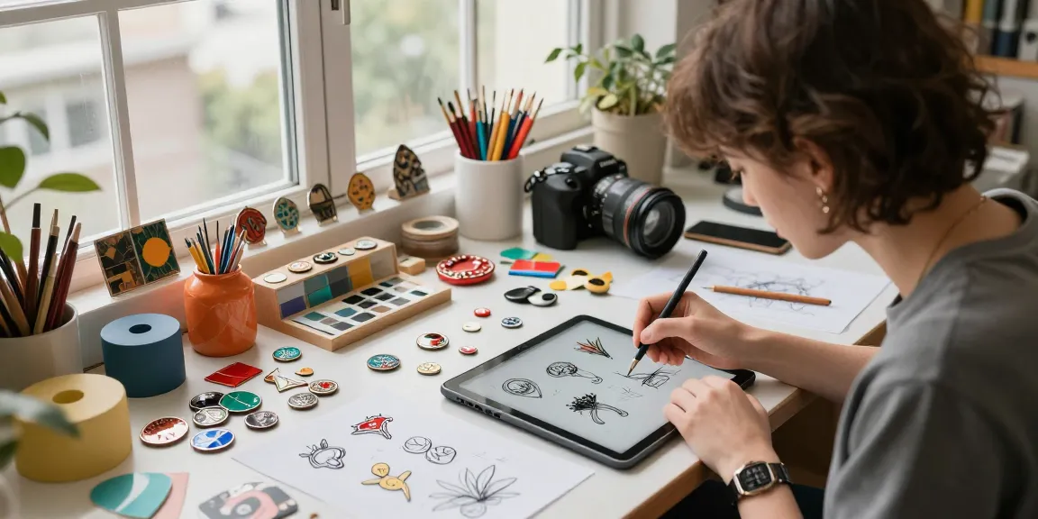 Creative designer sketching custom pins in a vibrant studio setting with colorful materials.