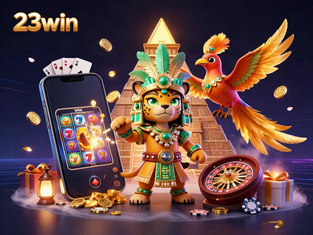Engage with 23win's vibrant casino scene featuring a Mayan priest and colorful slot game.