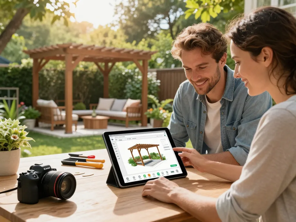 Engaged couple using pergola configurator software to design their backyard space with lush greenery.