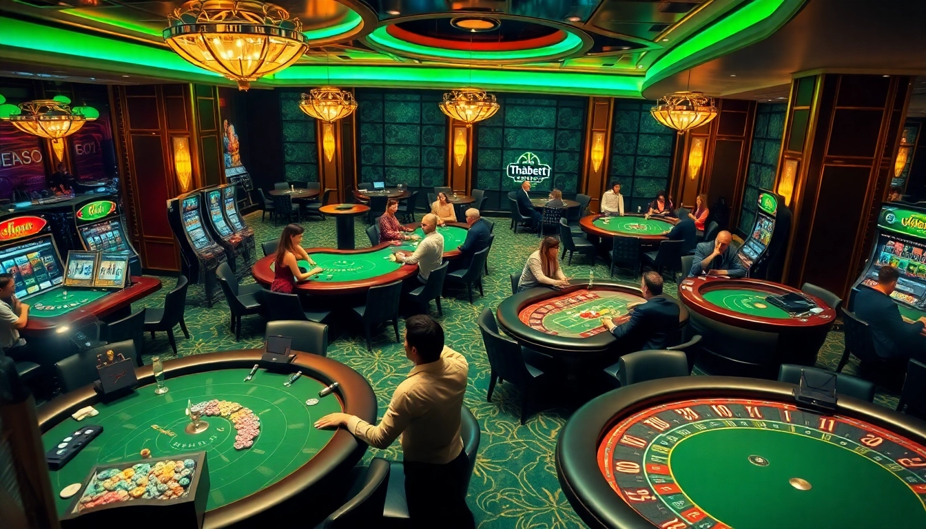 Gamblers immersed in a thrilling game at Thabet77 casino, showcasing vibrant table games and excitement.