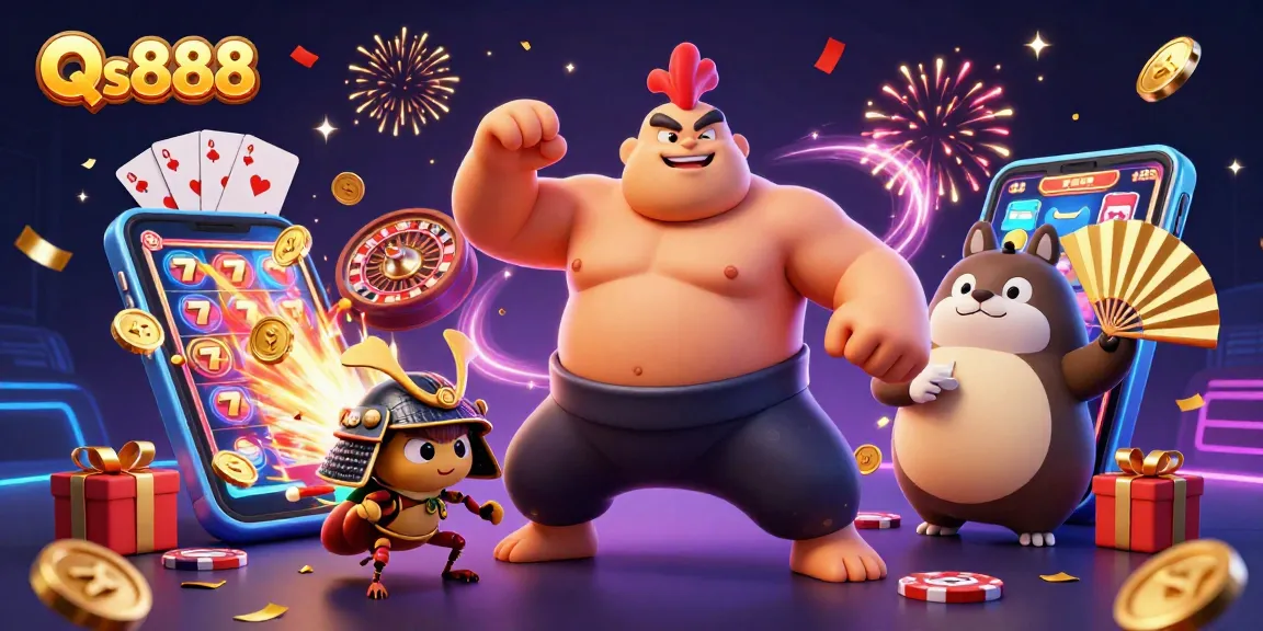 Engage in thrilling gameplay at Qs888 with a dynamic illustration featuring colorful slot games and exciting characters.